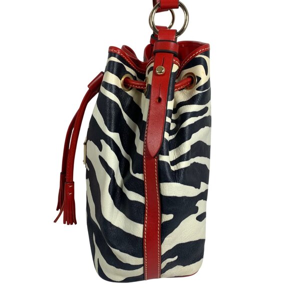 DOONEY BOURKE Zebra Drawstring Bucket Bag Red Leather Trim Buckle Strap EUC - Picture 3 of 15